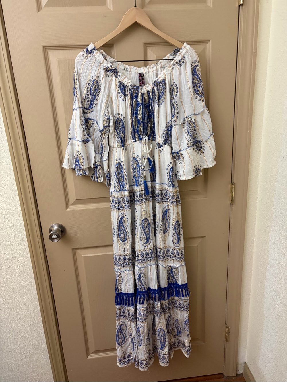 Boho Anthropology Off-Shoulder Maxi Dress in White, Blue, and gold